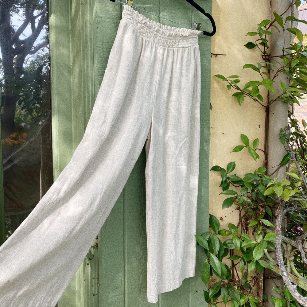 Linen cotton blend relaxed wide-leg pants
